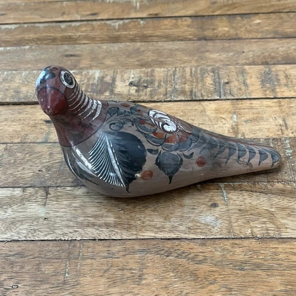 Tonala Mexican Pottery Bird Figurine Hand-Painted Folk Art Floral Motifs